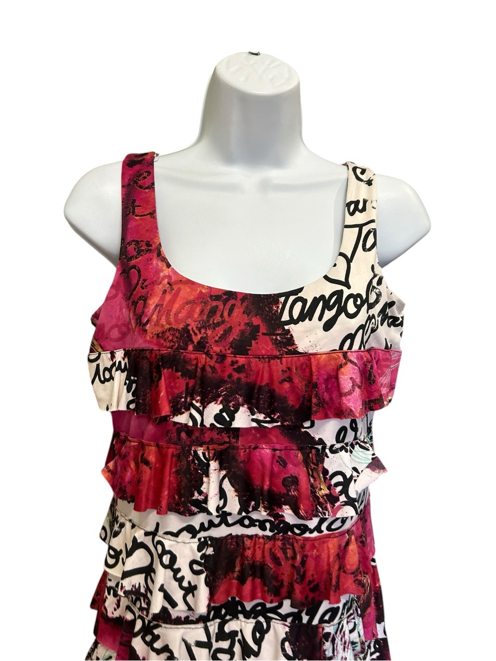Tango Mango Tiered Ruffle Script Floral Print Dress Size S - Picture 3 of 6